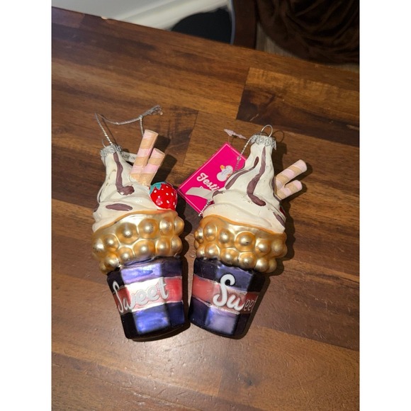 Festive Fun Ice Cream Sweet Cup Ornament Set 2 Strawberries Creamy Delight - Picture 2 of 4